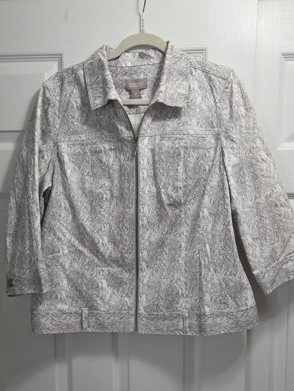 Chico's Light Gray Python-Print Zip Front Jacket